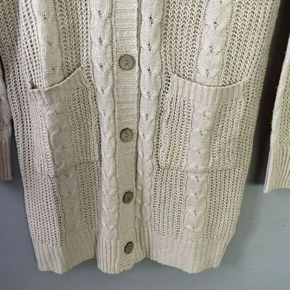 Aster‎ Womens Button Cardigan Chunky Cable Knit Coastal Size L Beige Pockets
